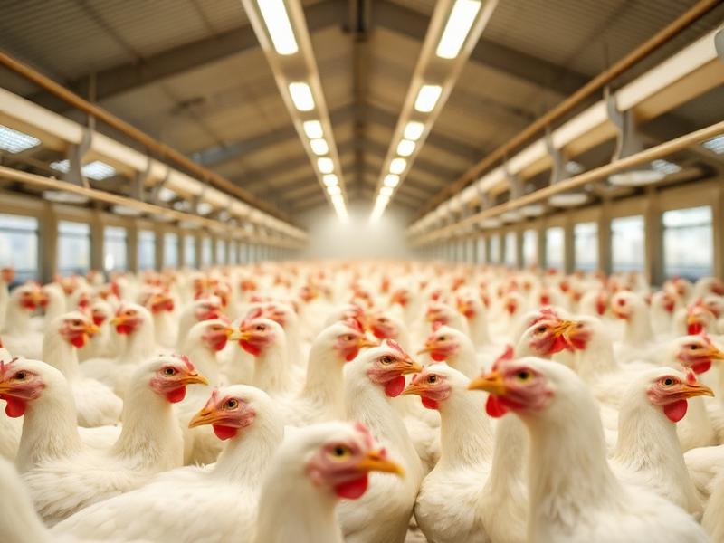 Modern poultry house with healthy chickens